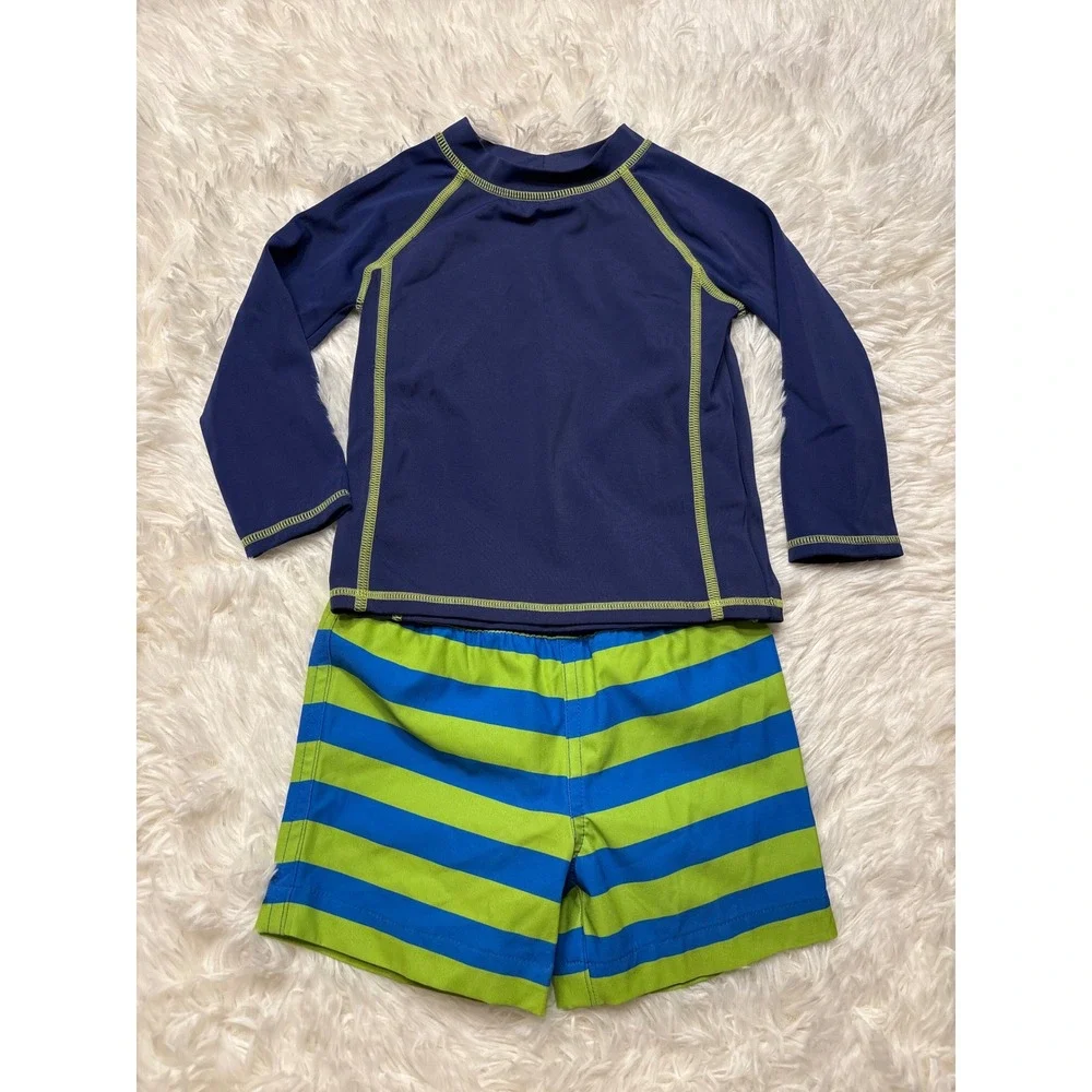 Amazon Essentials Baby Boy Rash Guard and Swim Trunks Set Navy Blue Lime 12M